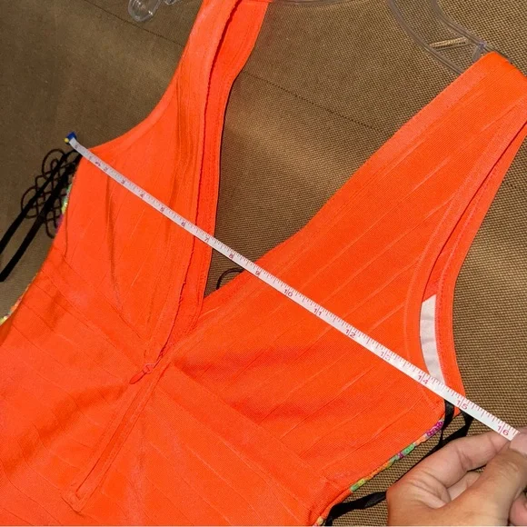 2Bebe NWT! Orange Stretch Sequins Lines Banded Bodycon Mini Dress Size S - Picture 9 of 10